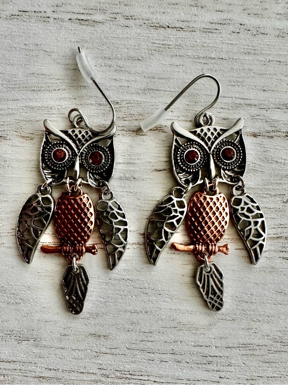Owl Drop Earrings Silver & Copper tone   with Amber Accents articulated 2.25”